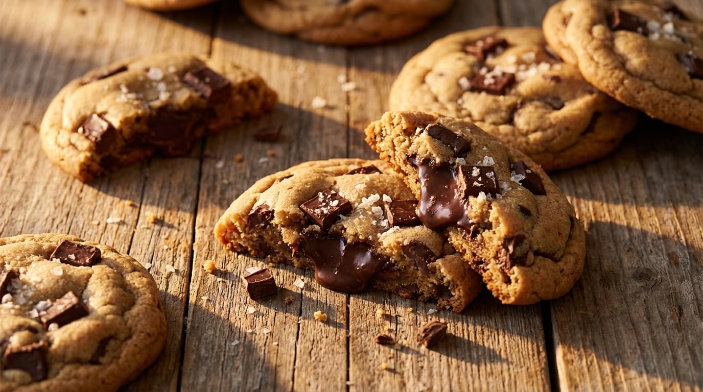 Fresh-baked chocolate chunk cookies with sea salt and gooey centers